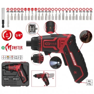 Akumuliatorinis suktuvas eMONSTER  su 1/4´´ antgalais 27 vnt,, KS Tools 1