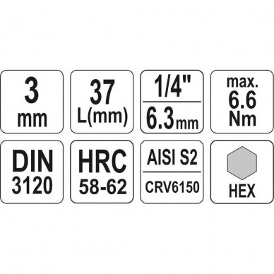 Antgalis H3 mm Hex šešiakampis įpresuotas į galvutę 1/4" YATO YT-04370 3