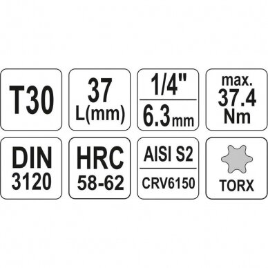 Antgalis įpresuotas į galvutę 6.3 mm (1/4") T-Star (Torx) T30 2