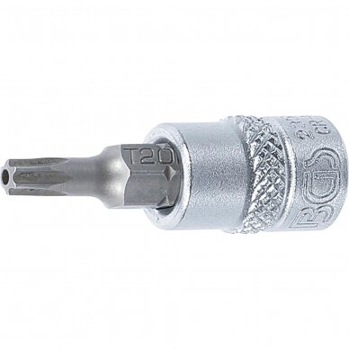 Antgalis T20 įpresuotas į galvutę  6.3mm 1/4" T-Star su skyle Torx T20 BGS 2359