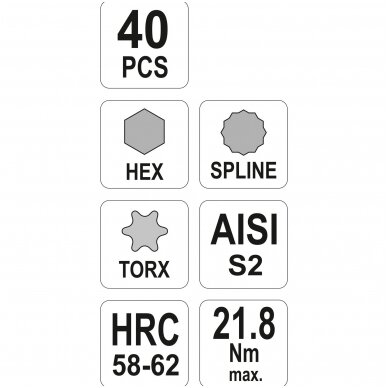 Antgalių rinkinys S2 torx/hex/spline 40 vnt. YATO 2