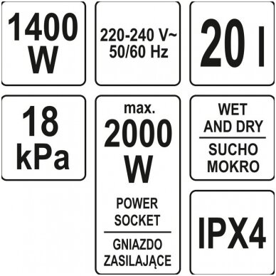 Dulkių siurblys pramoninis - drėgnas ir sausas valymas 1400W 20l YATO 5