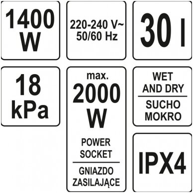 Dulkių siurblys pramoninis - drėgnas ir sausas valymas 1400W 30l YATO 5