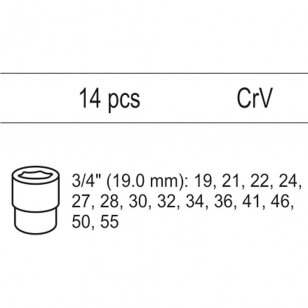 Galvučių rinkinys 3/4" 19-55mm, 14vnt. (tinka į vežimėlius) YATO