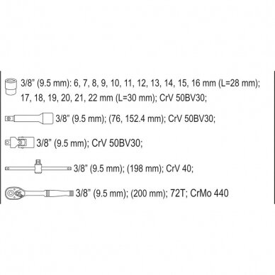 Galvučių ir raktų komplektas 3/8", 22 vnt. 3