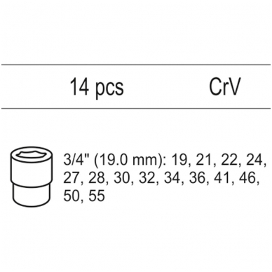 Galvučių rinkinys 3/4" 19-55mm, 14vnt. (tinka į vežimėlius) YATO 1