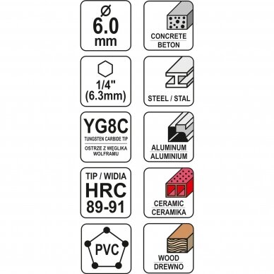 Grąžtas universalus su Hex 6.3 mm (1/4") galu 6.0 mm 4