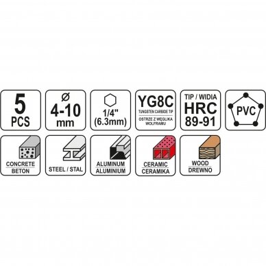 Grąžtų rinkinys su Hex 6.3 mm (1/4") galu universalūs 4-10mm, 5vnt. YATO YT-44789 2