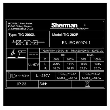 Sherman TIG 202P komplektas - Inverterinis suvirinimo aparatas 5