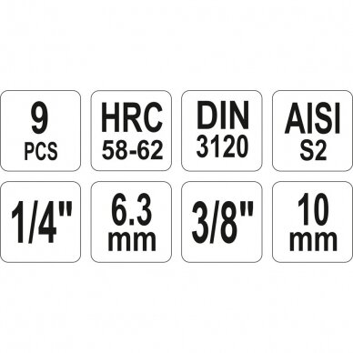 Įpresuotų antgalių rinkinys 1/4"+3/8", 9 vnt Hex H2-H12 2