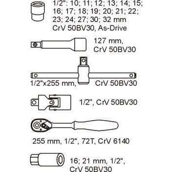 Įrankių rinkinys į vežimėlius 1/2" galvutės su terkšle 24vnt. 1