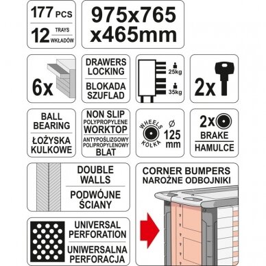 Įrankių spintelė ant ratukų su įrankiais 6 stalčiai 177vnt. PRO 4