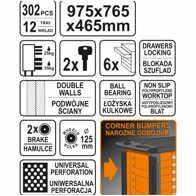 Įrankių spintelė su įrankiais 302vnt. 6 stalčiai STHOR 9