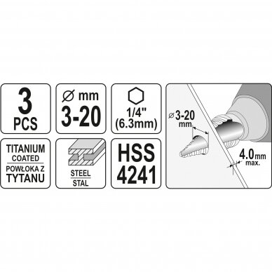 Pakopiniai grąžtai skylės praplatinimui 3-20 mm 3 vnt. 3