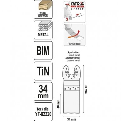 Pjūkliukas daugiafunkciniam įrankiui metalui ir medienai BIM-TIN 90mm / 34mm YATO YT-34712 3