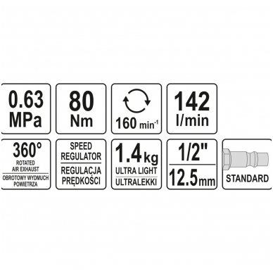 Pneumatinė terkšlė galvutėms 1/2" 80Nm YATO 4