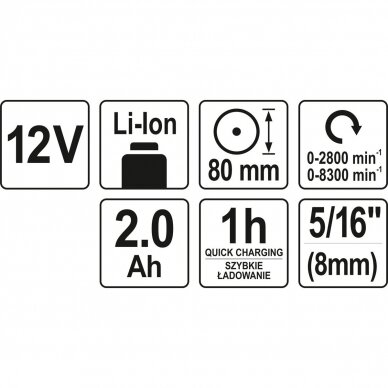 Poliruoklis akumuliatorinis 2Ah, 80mm, 2 greičiai, 3 antgaliai YATO YT-82903 5