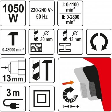 Smūginis gręžtuvas 2 greičiai, metalinis griebtuvas 1050W YATO YT-82044 3