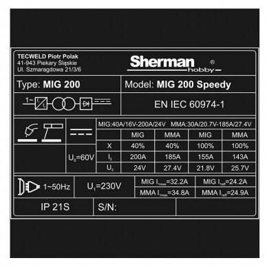 Suvirinimo pusautomatis SHERMAN MIG200 Speedy 200A 7